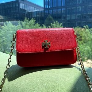 Tory Burch Chain Strap Leather Crossbody Bag. Color: Coral Red